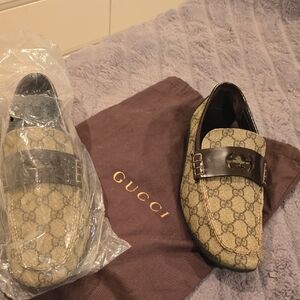 Gucci Beige and Dark Brown Monogram Loafers